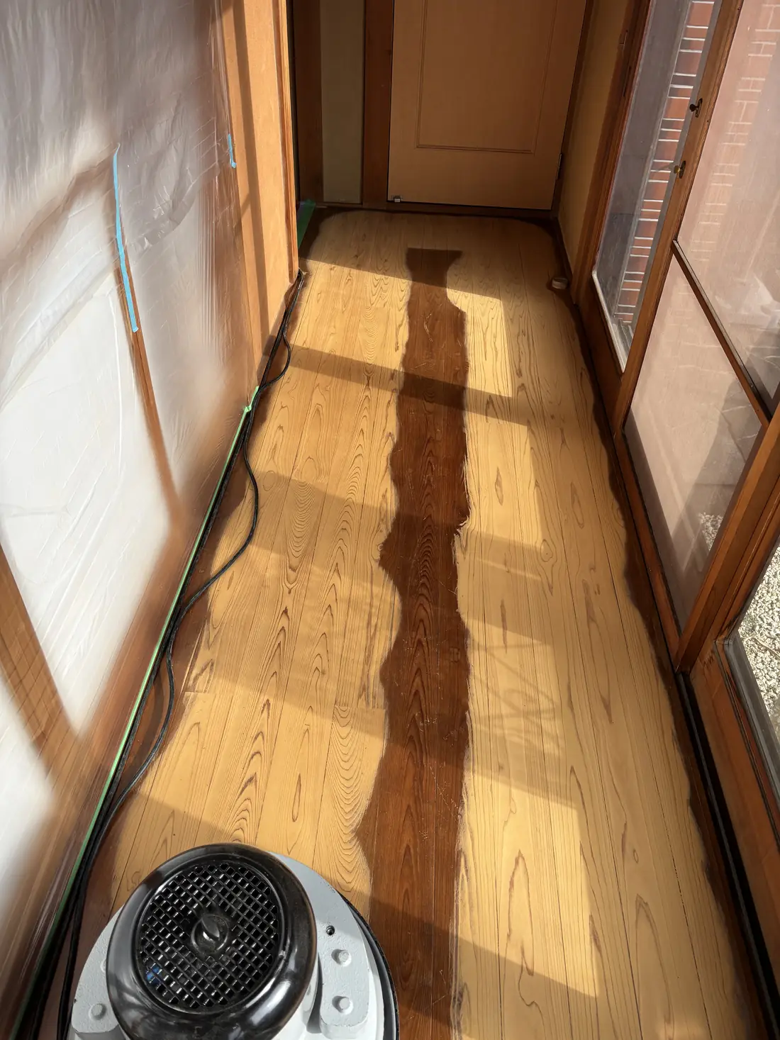 研磨途中の縁側の廊下。両側は削り終わり、中央に研磨前の濃い色が帯状に残っている